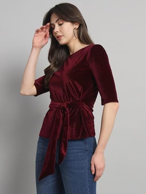 Chicava Party Top for Women with Front Tie Waistband | Shiny Velvet Half Sleeeves Stylish Outfit - Image 2