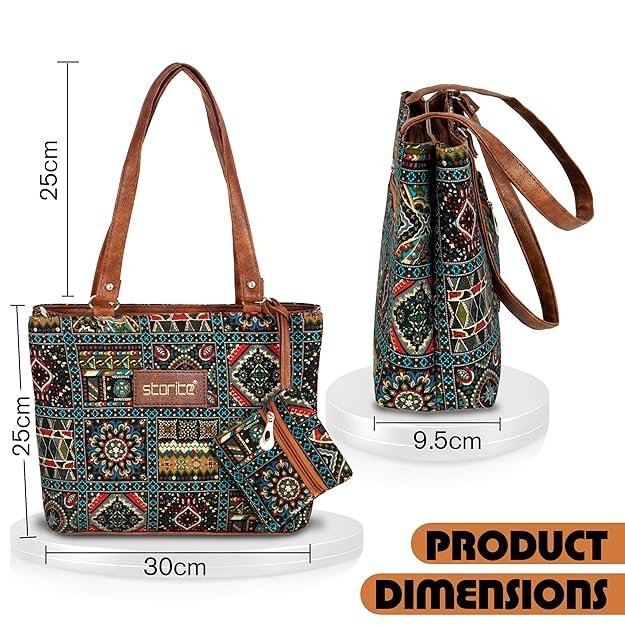 Storite Women's Tote Bag With Leather Handles & Embroidery Printed Handbag With Zip Pockets, Shoulder Tote Bag And Handbag For Office And College - Image 6