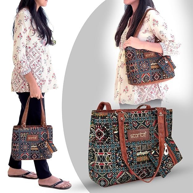 Storite Women's Tote Bag With Leather Handles & Embroidery Printed Handbag With Zip Pockets, Shoulder Tote Bag And Handbag For Office And College - Image 2