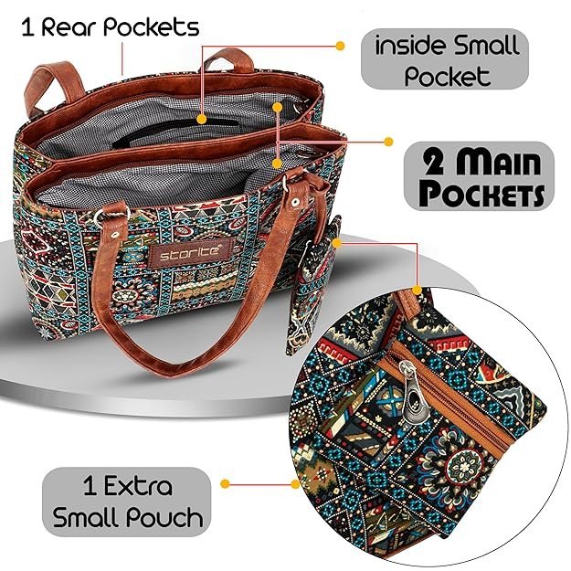 Storite Women's Tote Bag With Leather Handles & Embroidery Printed Handbag With Zip Pockets, Shoulder Tote Bag And Handbag For Office And College - Image 4