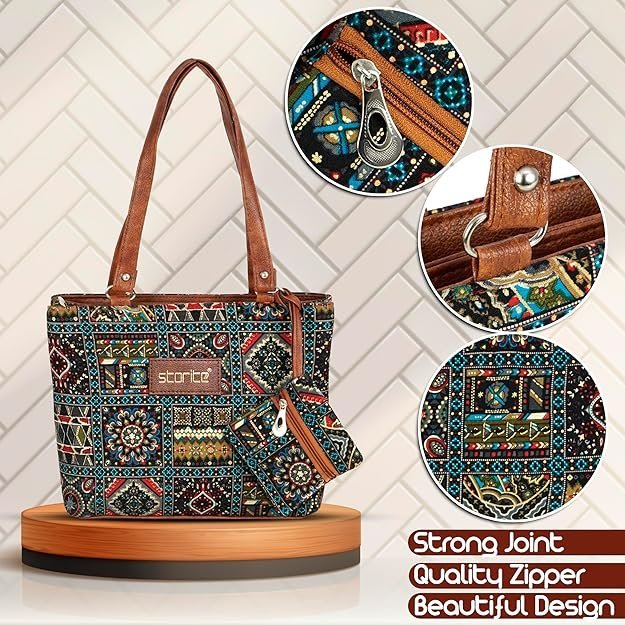 Storite Women's Tote Bag With Leather Handles & Embroidery Printed Handbag With Zip Pockets, Shoulder Tote Bag And Handbag For Office And College - Image 5